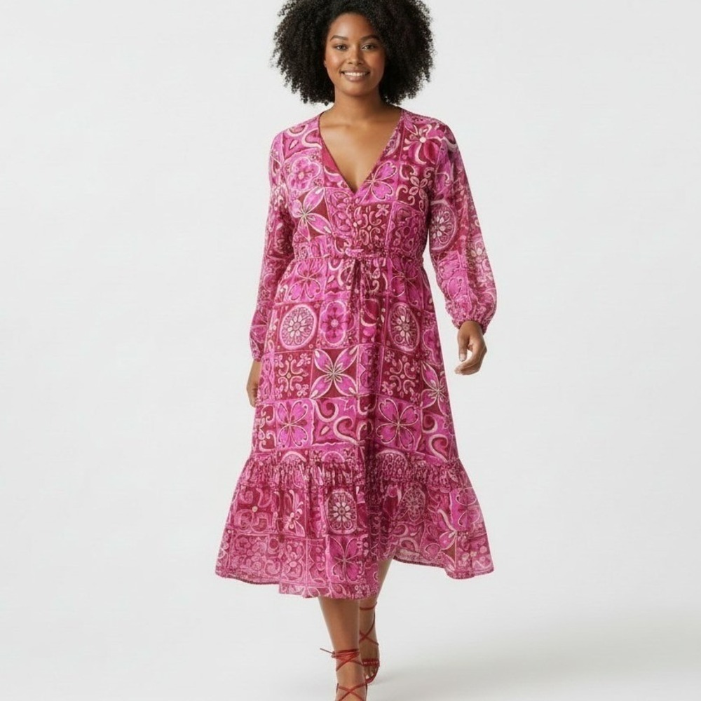 Olivia James The Label Pink Red Geometric Tile Print Tiered Midi Dress XL